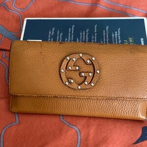 Gucci Tan Leather Studded Interlocking G Continental Wallet